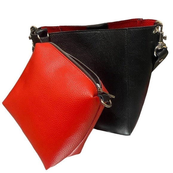 BORSE IN PELLE Leather Tote Shoulder Bag Black Removable Red P…Dark Lolita - Picture 2 of 13